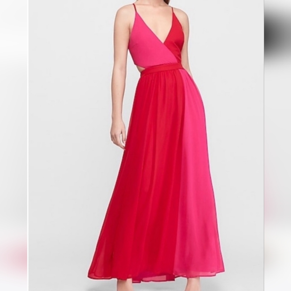 Express Dresses | Color Block Cut-Out Maxi Dress - Red & Pink L